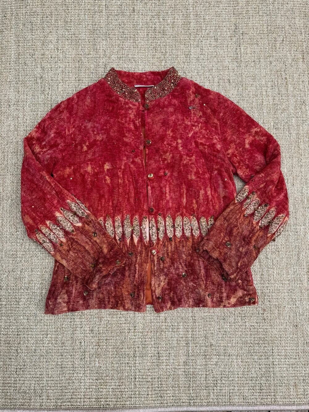 🍷✨ Soft Surroundings Beaded Sequin Mandarin Collar Jacket | Size S | Red
